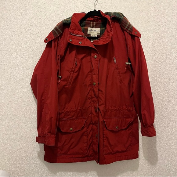 VTG Eddie Bauer Red Flannel Lined Chore Barn Coat Jacket Hooded Mens Size M - Picture 11 of 14